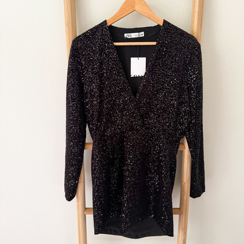 NWT Zara Black Sequin Mini Dress M Padded Shoulder Long Sleeve Party Cocktail - Picture 2 of 10